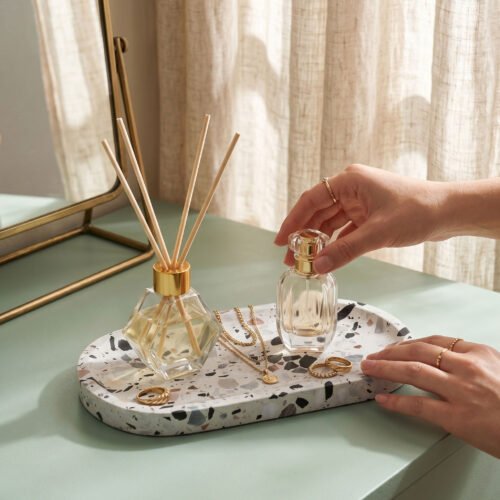 Terrazzo Tray01 Hand-Crafted Oval White Terrazzo Marble Tray for Bathroom Counter,Luxury Decorative For Home,Stone Jewelry Tray