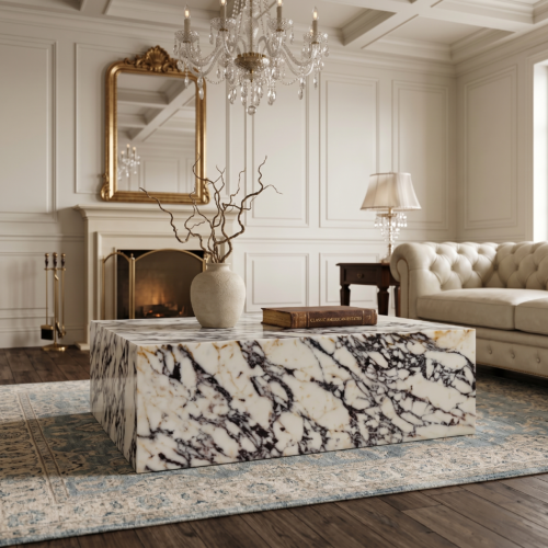 Viola Coffee Table01 Natural Calacatta Marble Block Coffee Table, Minimalist Stone Living Room Table, Luxury Rectangular Center Table for Modern Interior Decor