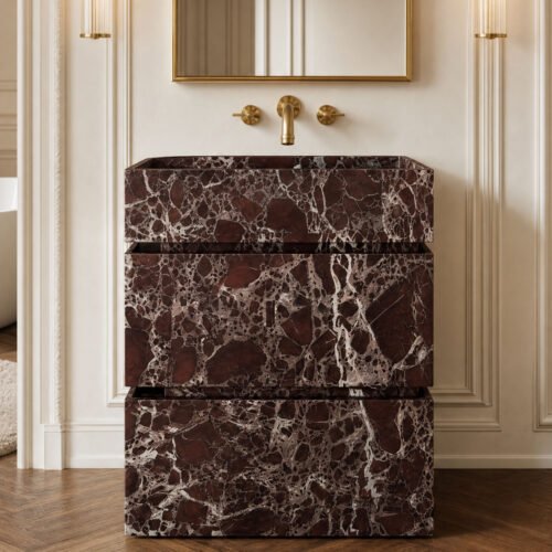 rosso levanto cabinet01 Hand Carved Rosso Levanto Marble Bathroom Vanity, Freestanding Natural Stone Sink Cabinet with Drawers, Luxury Stone Wash Basin Unit for Modern Bathrooms