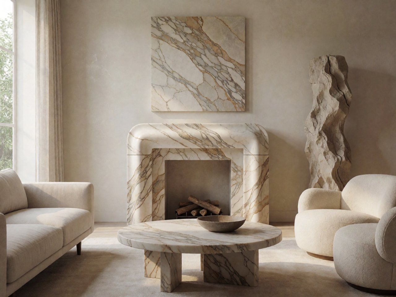 Luxury Stone Home Decor 2026: Marble Accent Walls, Sculptural Fireplaces & Natural Stone as Art