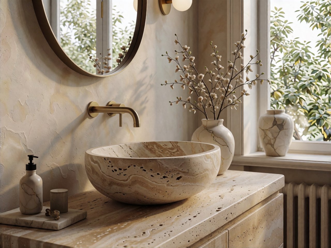 Wood Gray Marble Round Bathroom Sink, Natural Stone Basin
