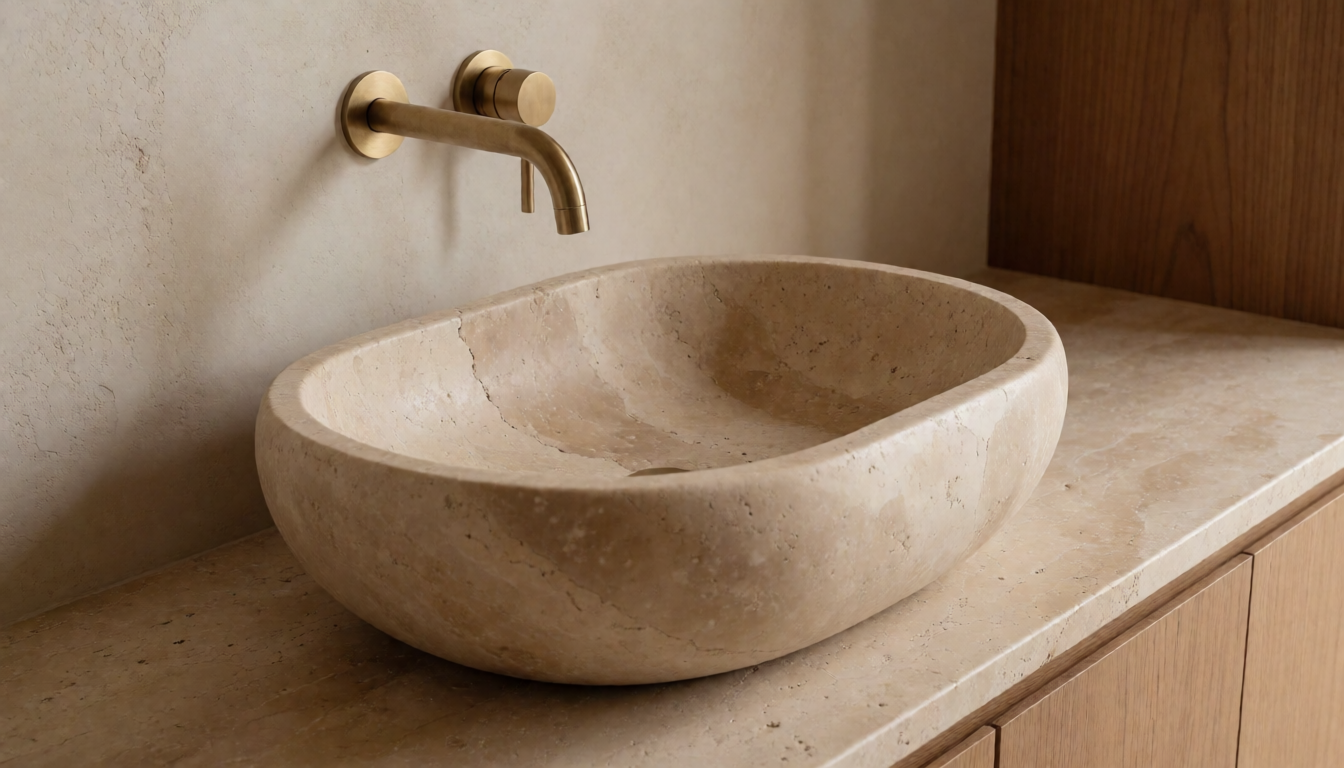 Wood Gray Marble Round Bathroom Sink, Natural Stone Basin
