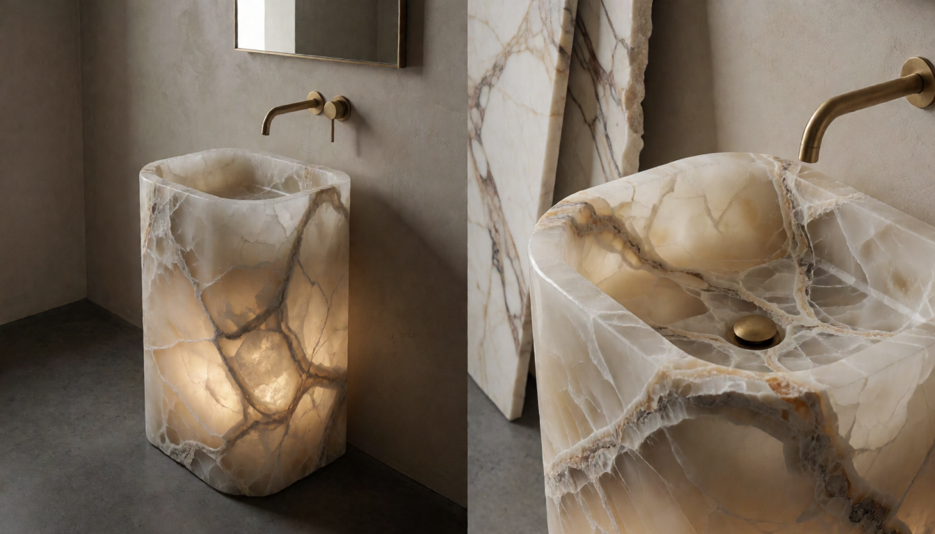 Moon White Marble Pedestal Bathroom Sink Natural Stone Cylinder Basin