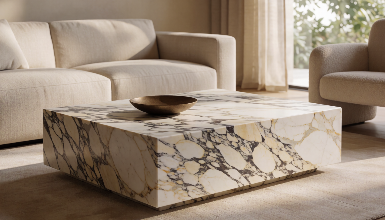 Natural Calacatta Marble Block Coffee Table, Minimalist Stone Living Room Table, Luxury Rectangular Center Table for Modern Interior Decor