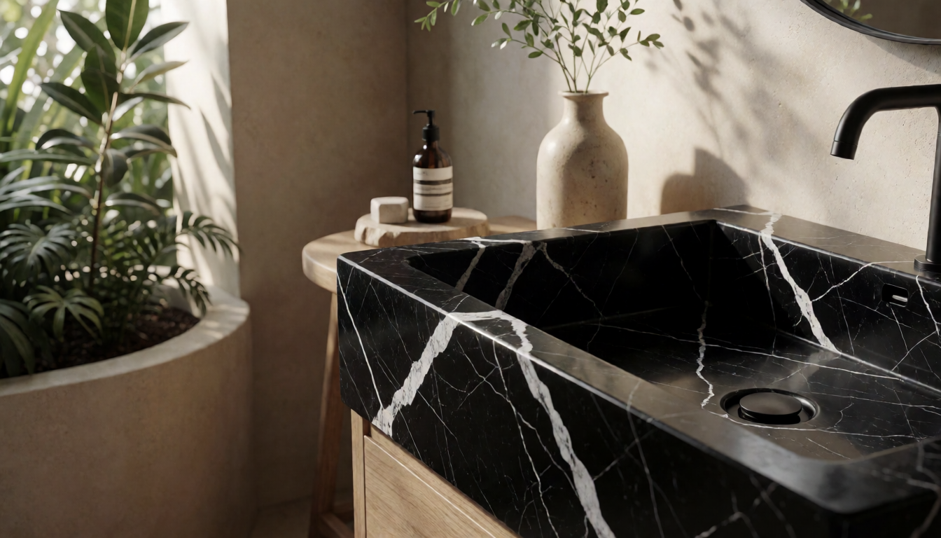 Wood Gray Marble Round Bathroom Sink Natural Stone Basin