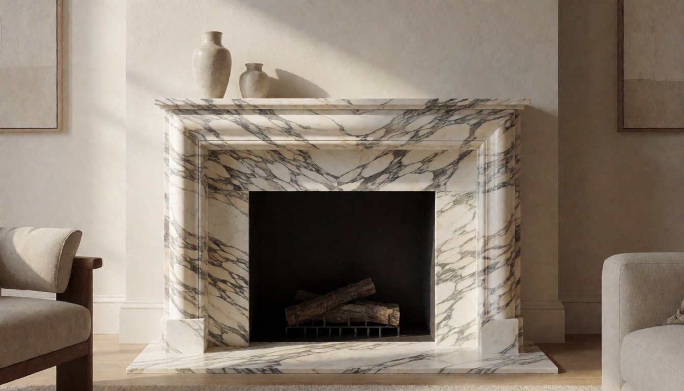 4 Natural Stone Fireplace Mantels That Anchor the Living Room: Arabescato, Afyon Pink & Shangrila Green