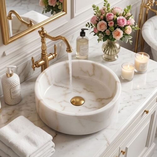 Moon White Marble Pedestal Bathroom Sink, Natural Stone Cylinder Basin