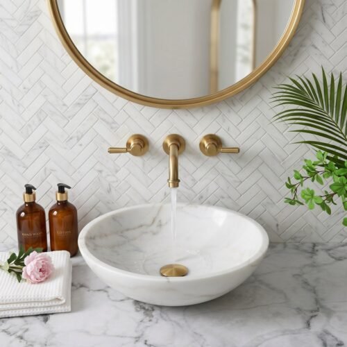 Moon White Marble Round Bathroom Sink, Natural Stone Basin