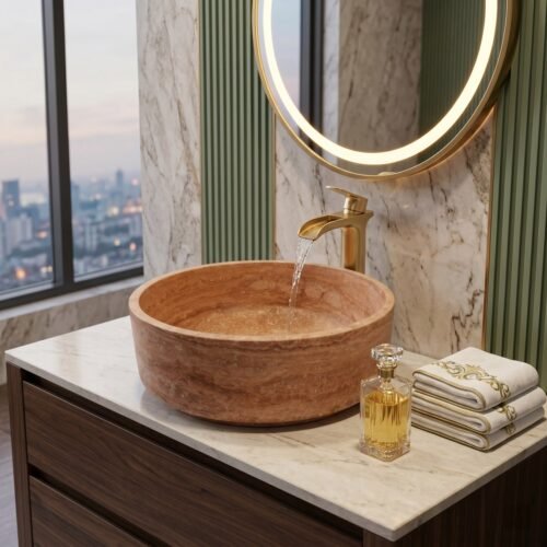 Travertine Stone Pedestal Bathroom Sink, Natural Cylinder Basin