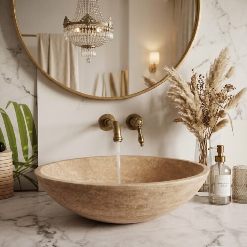 Travertine Stone Round Bathroom Sink, Natural Basin