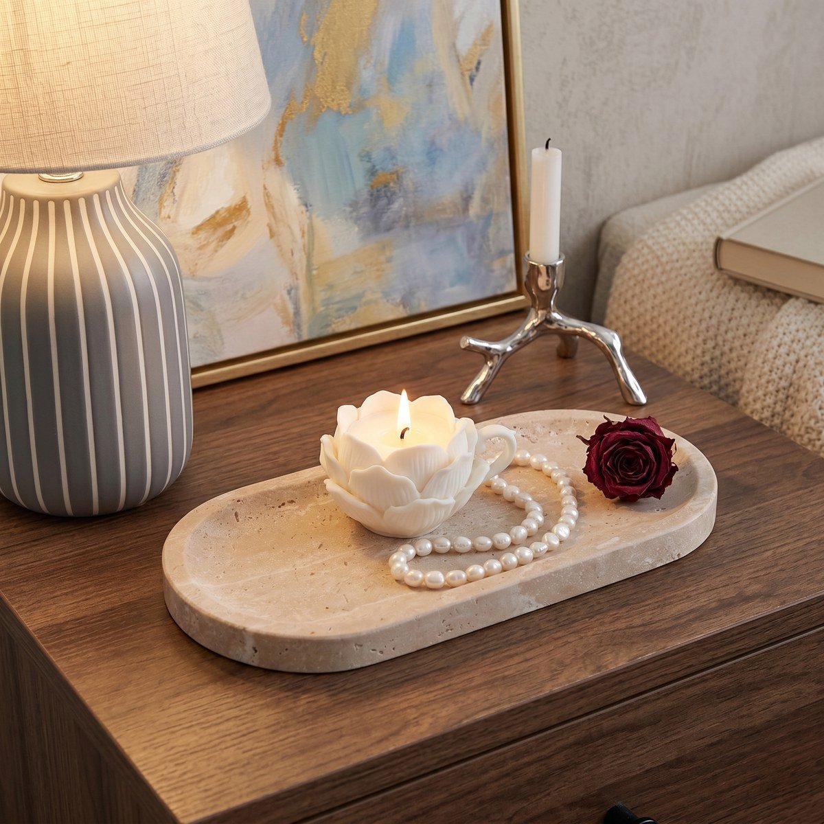Hand-Crafted Oval Rosso Levanto Marble Tray，Luxury Decorative For Home，Stone Jewelry Tray