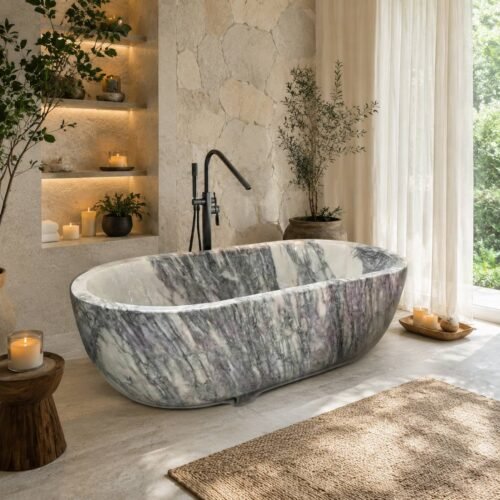 Milas Lilac White Marble Bathtub Ingot Shape