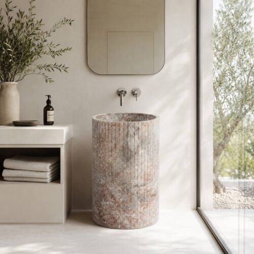 Afyon Pink Marble Fluted Pedestal Sink
