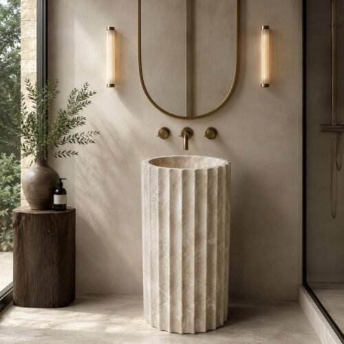 Beige Travertine Marble Sink with Inner Circle Groove