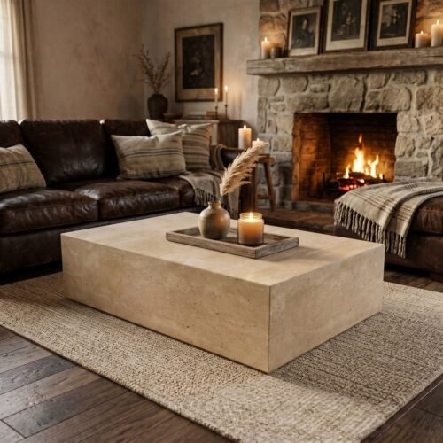 Travertine Stone Coffee Table, Natural Marble Center Table for Living Room
