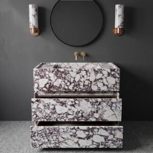 Marble Bathroom Vanity 90cm, Natural Stone Sink Cabinet, Freestanding Drawers, Luxury Stone Wash Basin Vanity for Modern Bathroom Design
