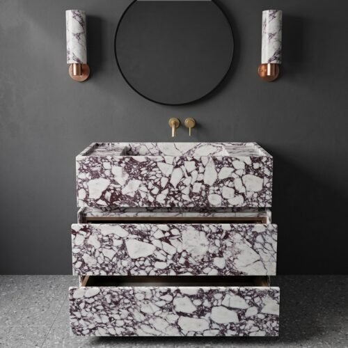 Marble Bathroom Vanity 90cm, Natural Stone Sink Cabinet, Freestanding Drawers, Luxury Stone Wash Basin Vanity for Modern Bathroom Design