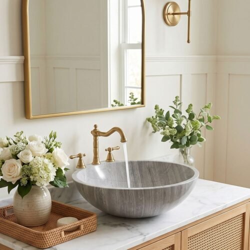 Wood Gray Marble Round Bathroom Sink, Natural Stone Basin