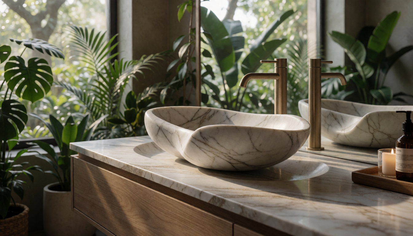 Moon White Marble Round Bathroom Sink Natural Stone Basin