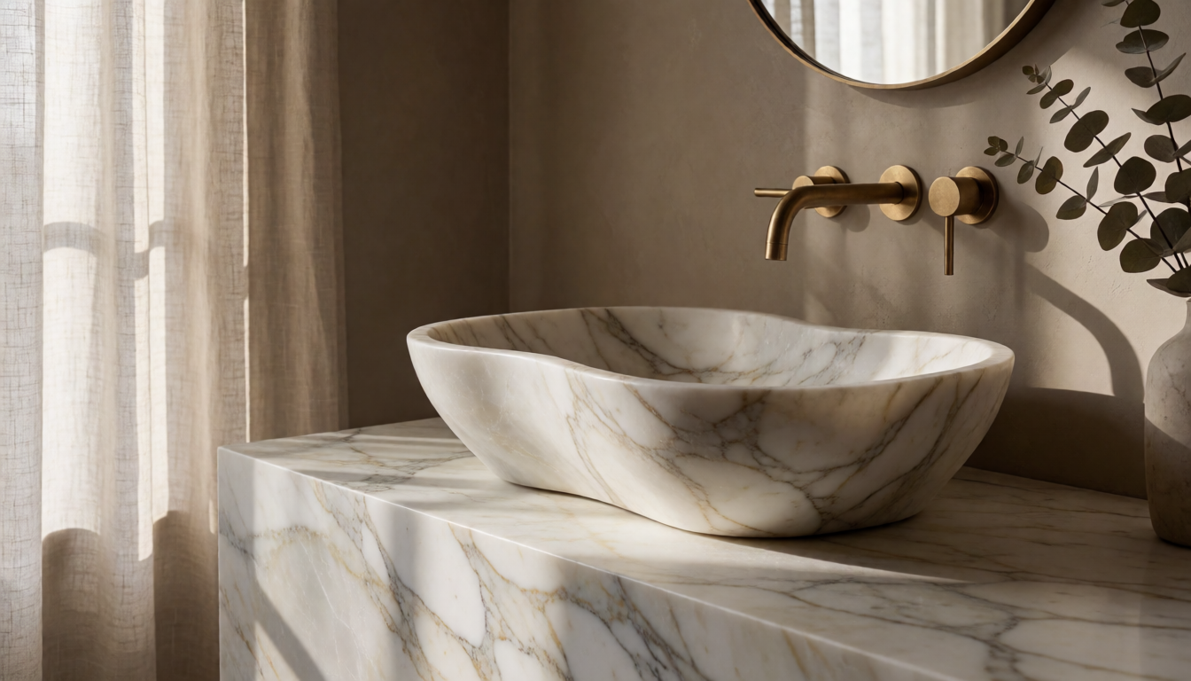 Moon White Marble Round Bathroom Sink, Natural Stone Basin