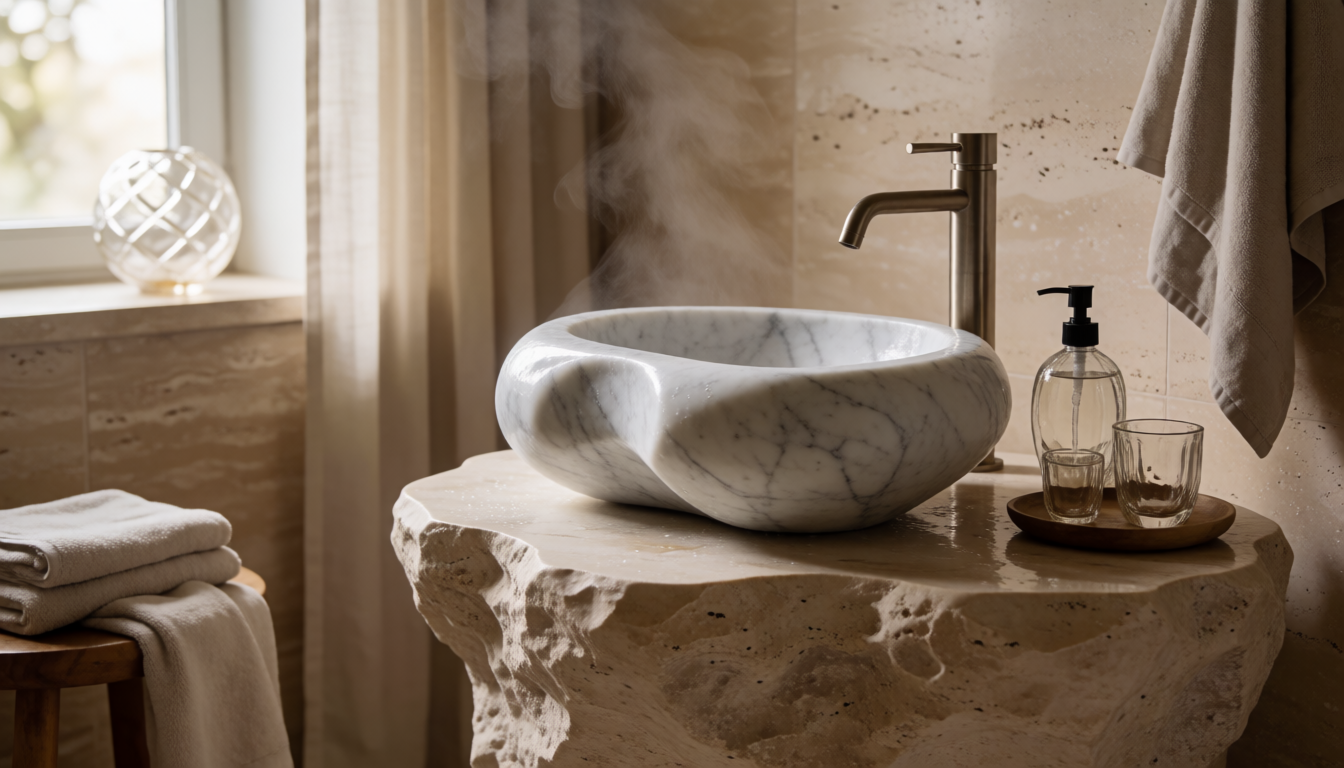 Moon White Marble Pedestal Bathroom Sink Natural Stone Cylinder Basin