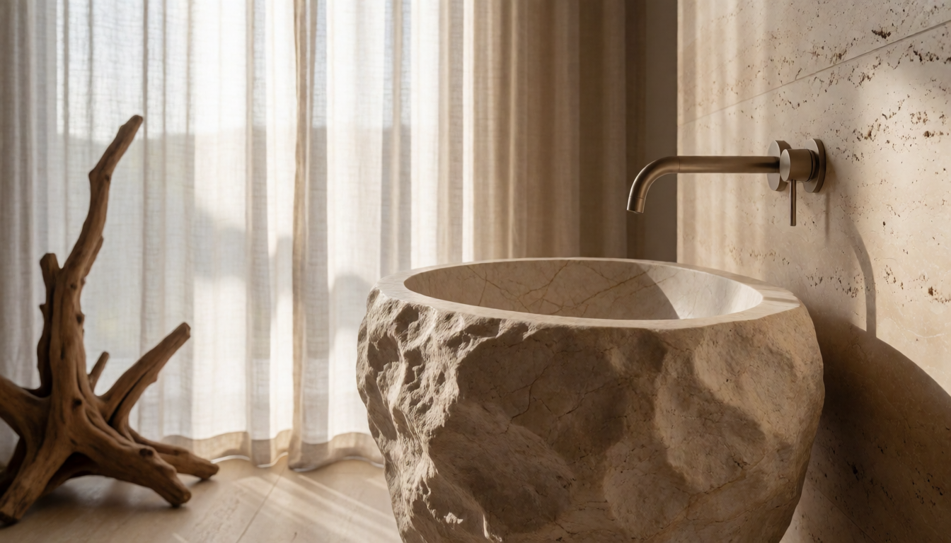 Wood Gray Marble Round Bathroom Sink, Natural Stone Basin