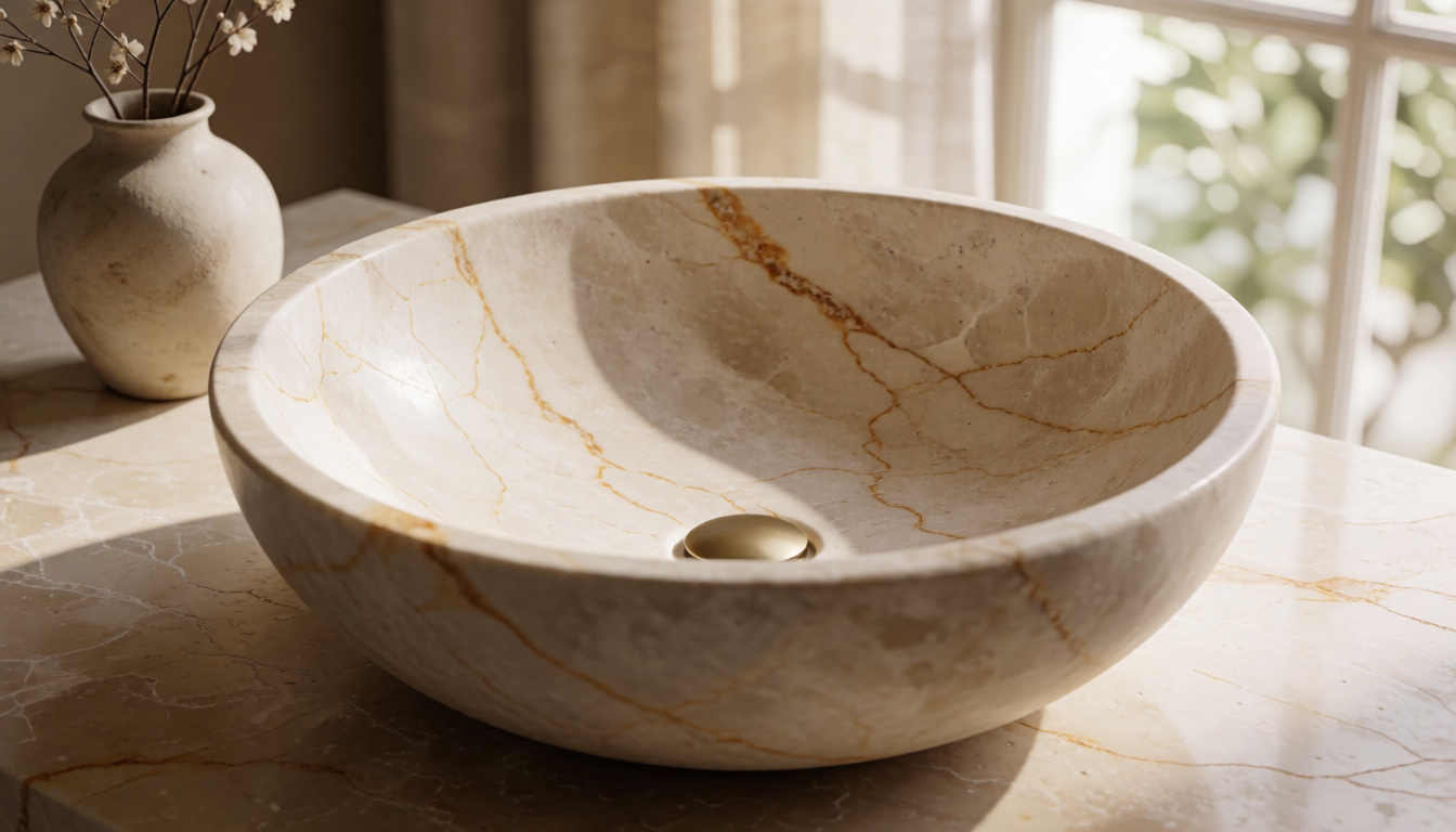 Gold Vein Marble Pedestal Bathroom Sink, Natural Stone Cylinder Basin