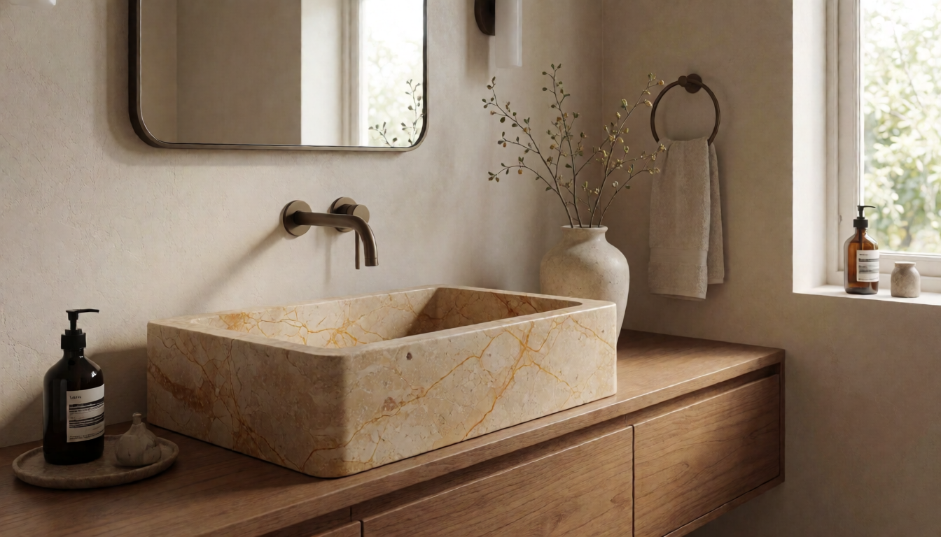 Wood Gray Marble Round Bathroom Sink Natural Stone Basin