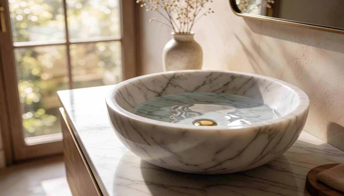 Moon White Marble Round Bathroom Sink Natural Stone Basin