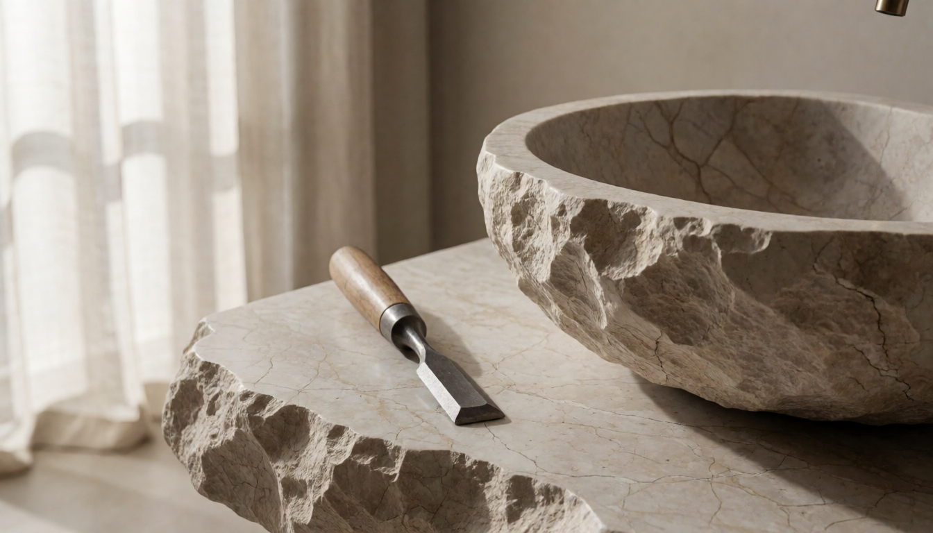 Wood Gray Marble Round Bathroom Sink, Natural Stone Basin