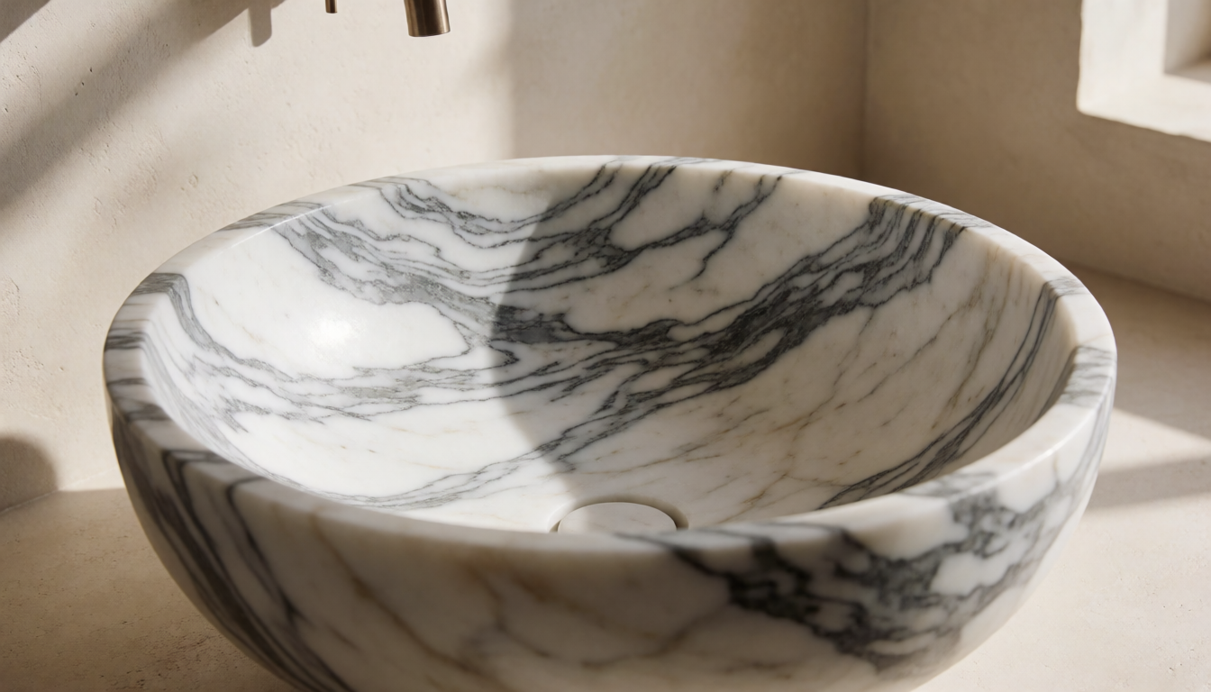 Wood Gray Marble Round Bathroom Sink Natural Stone Basin