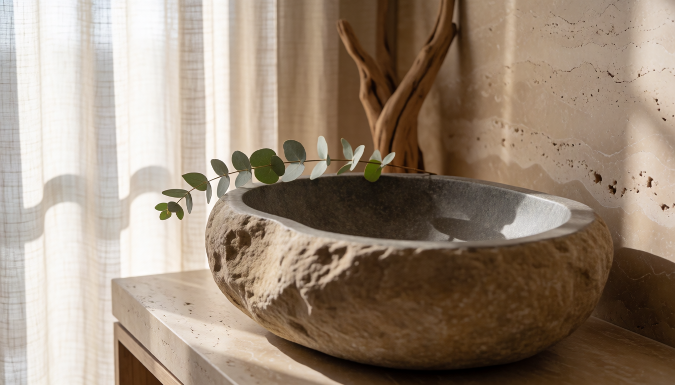 Wood Gray Marble Round Bathroom Sink, Natural Stone Basin