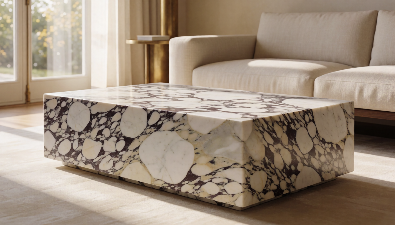 Natural Calacatta Marble Block Coffee Table, Minimalist Stone Living Room Table, Luxury Rectangular Center Table for Modern Interior Decor