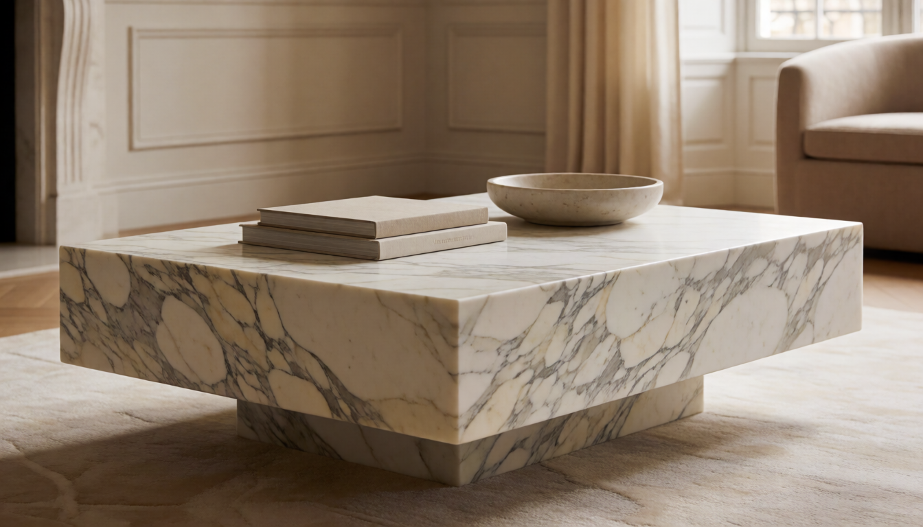 Natural Calacatta Marble Block Coffee Table, Minimalist Stone Living Room Table, Luxury Rectangular Center Table for Modern Interior Decor