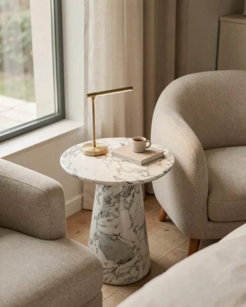 Arabescato Marble Matte Tapered Base Side Table — Arabescato Marble natural stone Side Table (hero view), Gladystone handcrafted