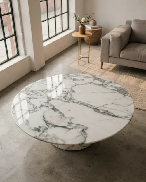 Arabescato Marble Petal Base Coffee Table — Arabescato Marble natural stone Coffee Table (hero view), Gladystone handcrafted