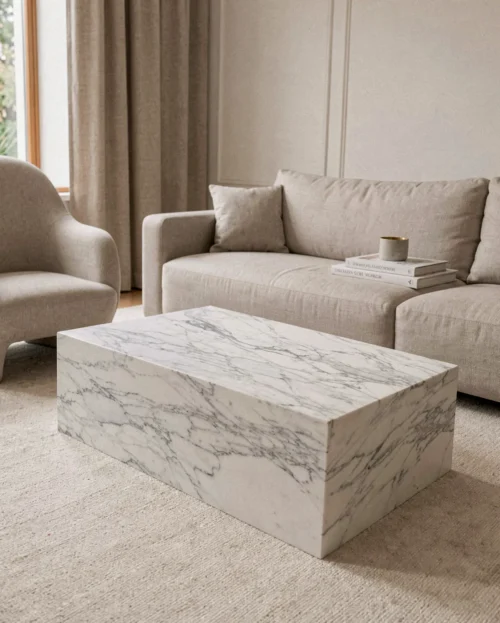 Arabescato Marble Rectangle Plinth Coffee Table — Arabescato Marble natural stone Coffee Table (hero view), Gladystone handcrafted