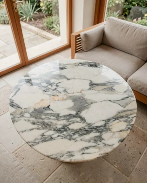Arabescato Marble Round Coffee Table - Cylinder Base — Arabescato Marble natural stone Coffee Table (hero view), Gladystone handcrafted