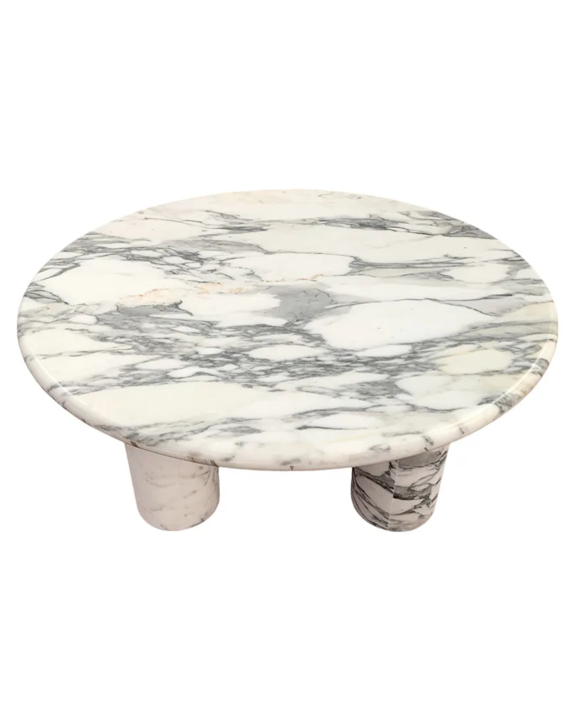 Arabescato Marble Round Coffee Table - Cylinder Base — Arabescato Marble natural stone Coffee Table (product view), Gladystone handcrafted
