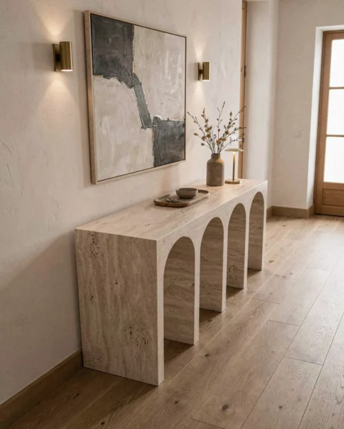 Beige Travertine Arched Console Table — Travertine natural stone Console Table (hero view), Gladystone handcrafted
