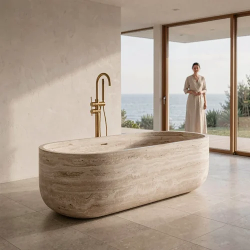 Beige Travertine Bathtub — Travertine natural stone Bathtubs (hero view), Gladystone handcrafted