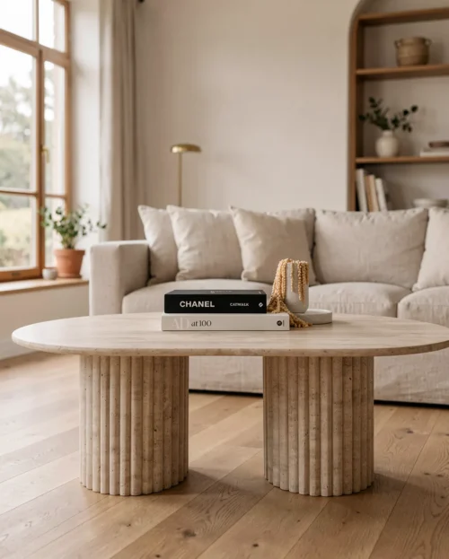 Beige Travertine Coffee table — Travertine natural stone Coffee Table (hero view), Gladystone handcrafted