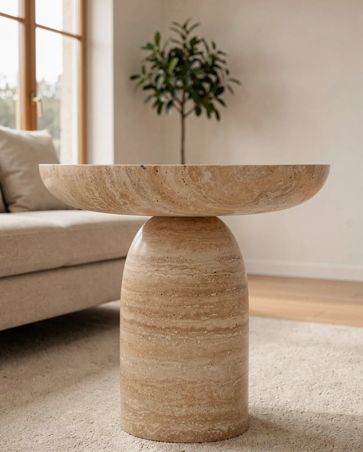 Beige Travertine Creative Block Table — Travertine natural stone Coffee Table (in-room scene), Gladystone handcrafted