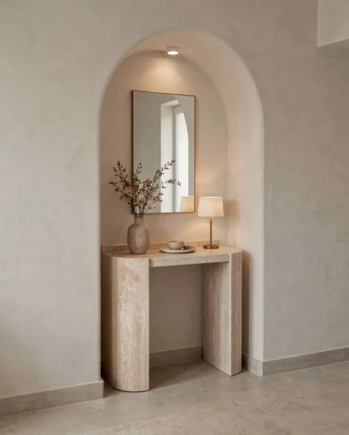 Beige Travertine Crescent Console Table — Travertine natural stone Console Table (hero view), Gladystone handcrafted