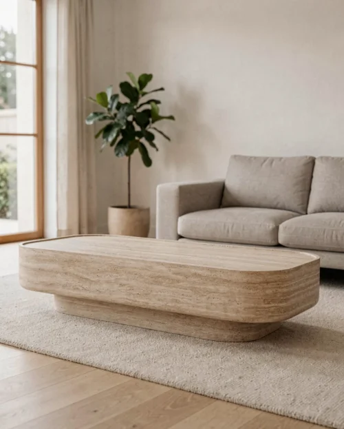 Beige Travertine Marble Carved Coffee Table — Travertine natural stone Coffee Table (hero view), Gladystone handcrafted