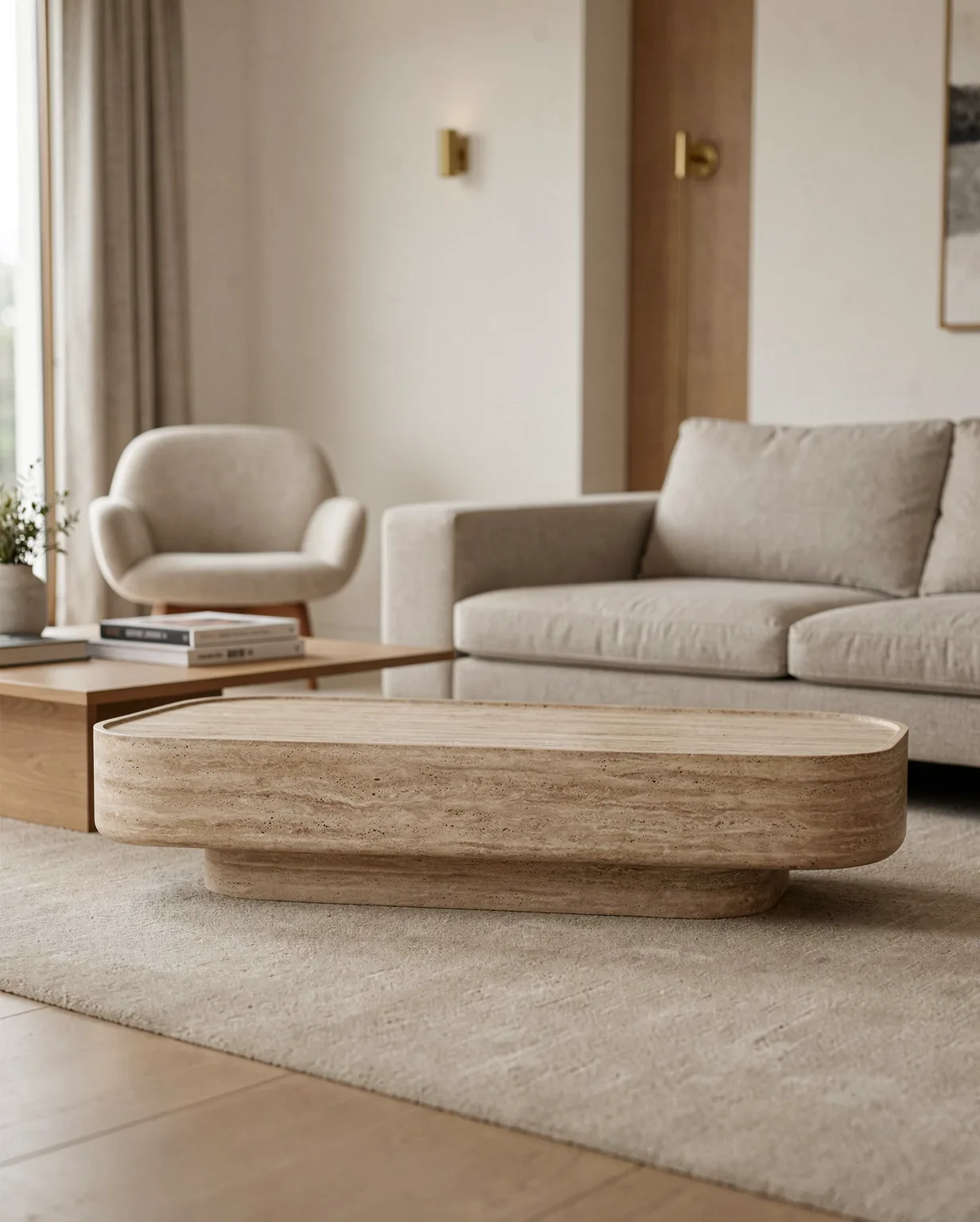 Beige Travertine Marble Carved Coffee Table — Travertine natural stone Coffee Table (in-room scene), Gladystone handcrafted