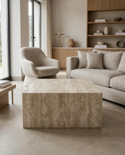 Beige Travertine Marble Rectangle Plinth Coffee Table — Travertine natural stone Coffee Table (hero view), Gladystone handcrafted
