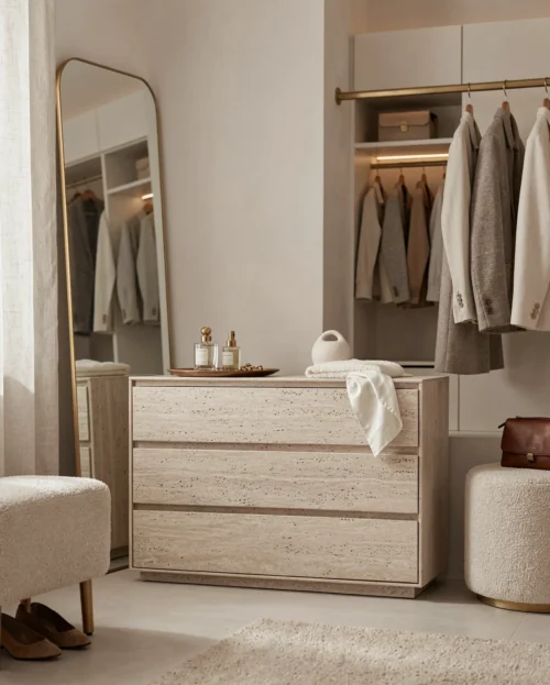 Beige Travertine Multi-layer Storage Cabinet — Travertine natural stone Console Table (hero view), Gladystone handcrafted