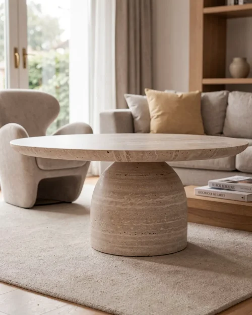 Beige Travertine Semicircle Base Coffee Table — Travertine natural stone Coffee Table (hero view), Gladystone handcrafted