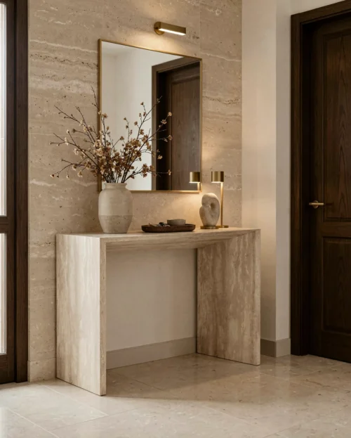 Beige Travertine Simaple Console Table — Travertine natural stone Console Table (hero view), Gladystone handcrafted